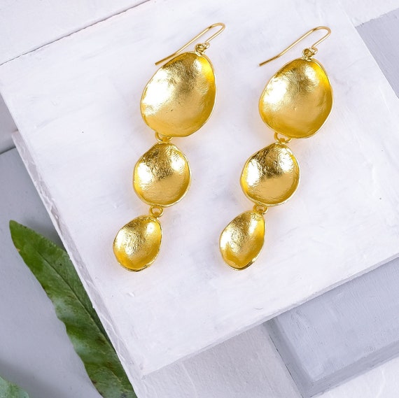 Long Dangle Earrings, Bohemian Jewelry, Gold Dangle Earrings, Large Drop Earrings, Gold Earring, Gold Dangle Earring, Statement Clip Earring
