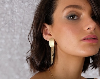 Gold Tassel Earring, Unique Gold Jewelry, Gold Rectangle Earring, Long Earring, Modern Earring, Gold Statement Earring, long clip on earring