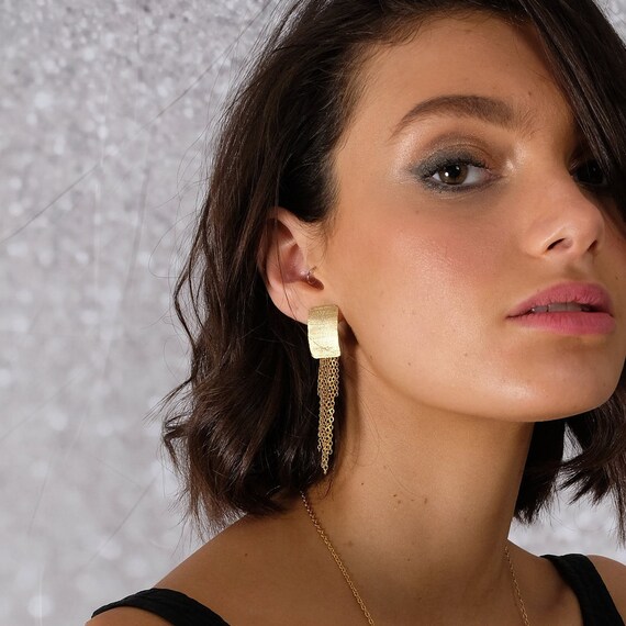Gold Tassel Earring, Unique Gold Jewelry, Gold Rectangle Earring, Long Earring, Modern Earring, Gold Statement Earring, long clip on earring
