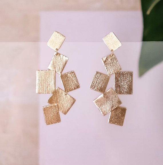 Geometric Gold Earrings, Unique Gold Earrings, Unique Jewelry, Large Dangle Studs, Gold Dangle Earrings, Square Earrings, clip on earring