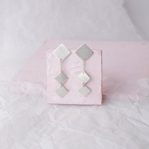 Silver Drop Earrings, Dangling Silver Studs, Silver Geometric Chandelier Post Earrings, Square Silver Earrings, Modern Silver Post Earrings