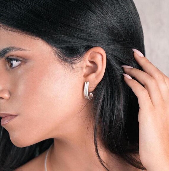 Modern and Minimal Silver Stud Earring in Silver, Half Hoop Silver Earring for Women, Unique Design Silver Post Earrings, J-Hoop Silver Stud