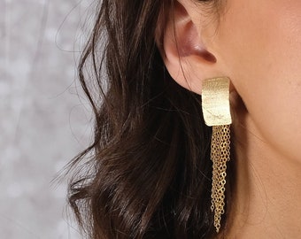 Unique Gold Clip On Earring, Gold Tassel Clip Earring, Gold Rectangle Earring Clips, Long Gold Earring, Modern Earring, Statement Earring