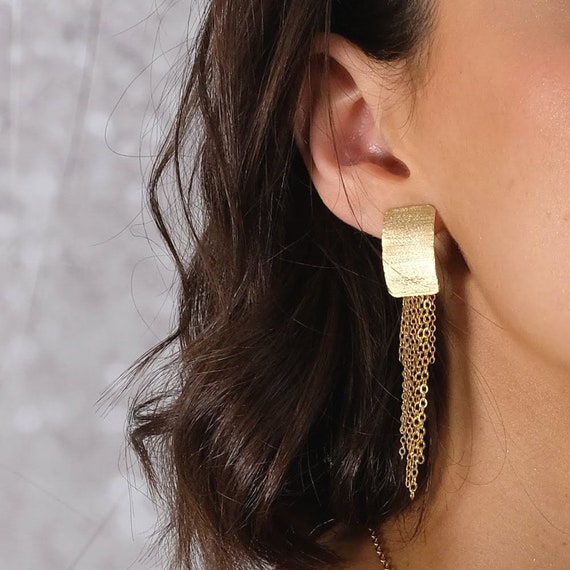 Unique Gold Clip On Earring, Gold Tassel Clip Earring, Gold Rectangle Earring Clips, Long Gold Earring, Modern Earring, Statement Earring