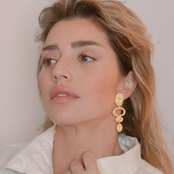 Long drop Gold stud earrings, also available in Clip-On and Silver