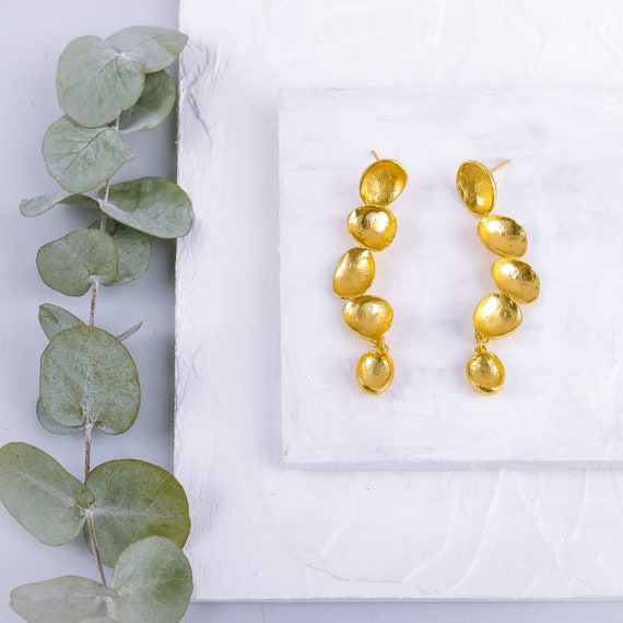 Long Gold Earring, Gold Shell Earring, Long Dangle Earring, Long Post Earring, Bohemian Jewelry, Statement Earring, Unique Statement Earring