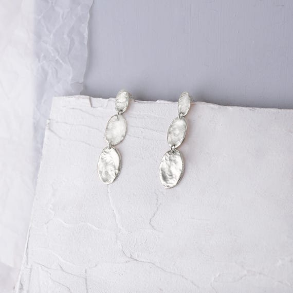 Dangling Oval Silver Coin Earrings, Silver Dangle Stud Earrings, Organic Drop Oval Post Earrings, Long Silver Chandelier Studs, Clip Ons