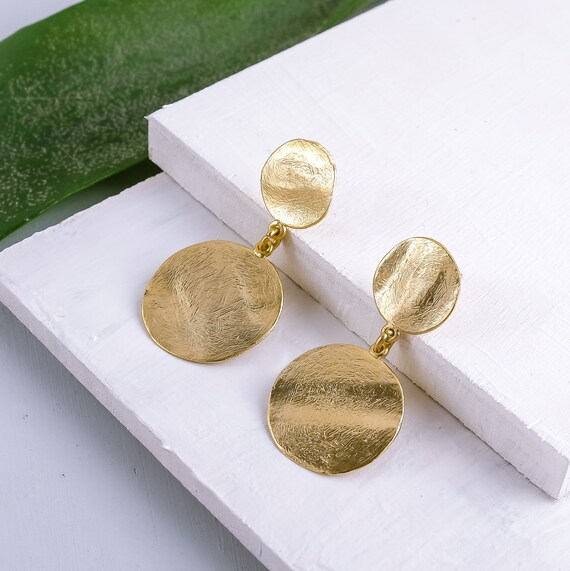 Dangling coin stud earrings, also available as Clip-On and in Silver