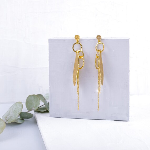 Gold Dangle Earring, Bohemian Jewelry, Gold Tassle Earring, Gold Leaf Earring, Long Dangling Earring, Gold Boho Earring, Long Stud Earring