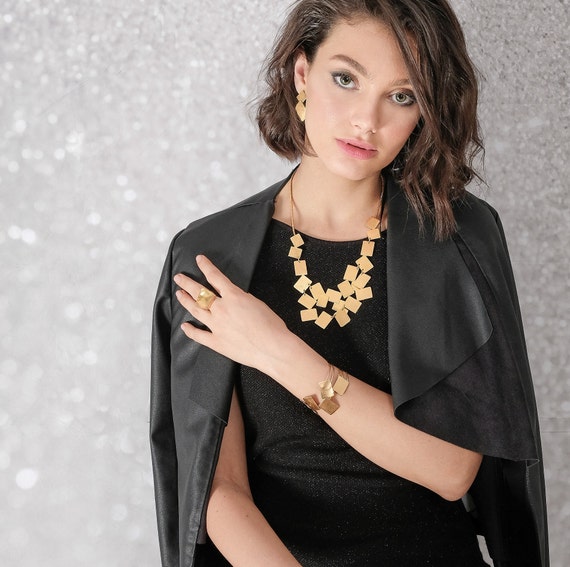 Large Statement Gold Necklace Set with Earrings and Ring, Anniversary Gift for Women, Statement Jewelry Set