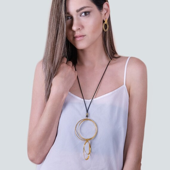 Long Gold Statement Pendant, Gold and Black Statement Necklace, Circle Pendant, Gold Fashion Necklace, Everyday Necklace, Large Ring Pendant
