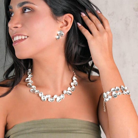 Unique Silver Statement Jewelry Set, Complete Jewelry Set, Necklace with Earrings and Bracelet Jewelry Set, Perfect gift for Bride to be