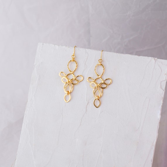 Tribal Earrings, Large Dangle Earrings, Gold Tribal Earrings, Celtic Earrings, Long Gold Earring, Gold Rope Earring, Ribbon Clip-on Earring
