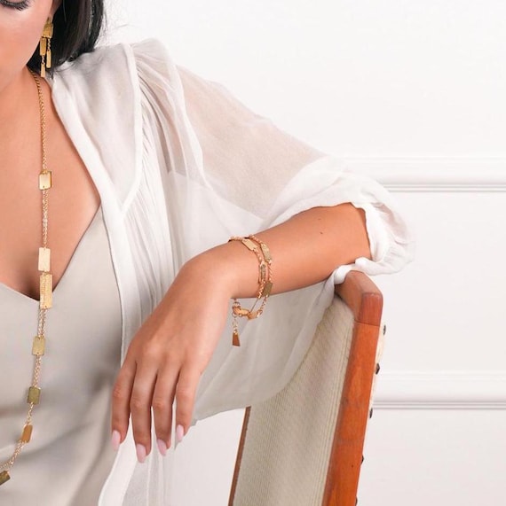 Double Gold Geometric Chain Bracelet, Gold Chain Wrap Bracelet, Gold Rectangles Delicate Bracelet for Women, Minimal Gold Link Bracelet