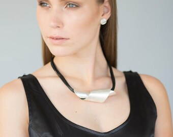 Silver Urban Necklace, Silver and Black Necklace, Beaded Necklace, Gemstone Necklace, Abstract Statement Necklace, Silver Statement Necklace