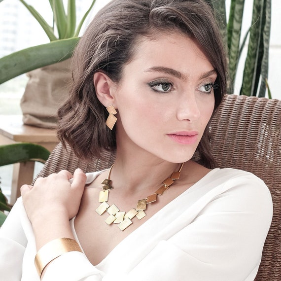 Statement Necklace for Women, Unique Gold Necklace, Gold Geometric and Modern Necklace, Gold Collar Necklace, Large Gold Bib Necklace,