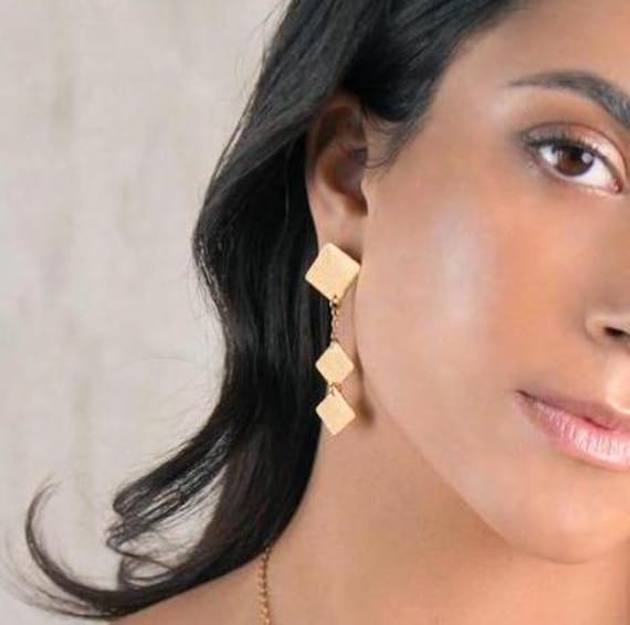 Long Gold Dangle Earring, Geometric Dangling Studs, Square Earring, Gold Square Drop Earrings, Minimalist Drop Earrings, Gold Dangling Posts