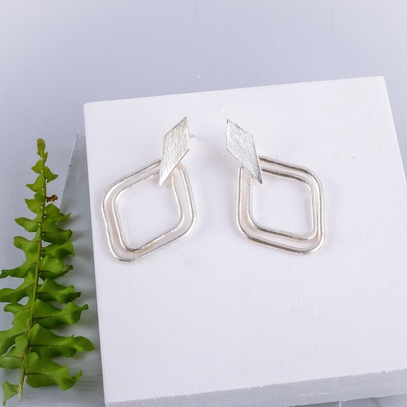 Silver Geometric Dangle Earring, Diamond Geometric Earring, Modern Diamond Earring, Minimal Diamond Earring, Boho Dangle Earring