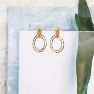 Geometric Gold Earrings, Gold Modern Earrings, Dangling Gold Stud, Oval Earrings, Gold Boho Earrings, Drop Post Earrings, Dangle Earrings image 4