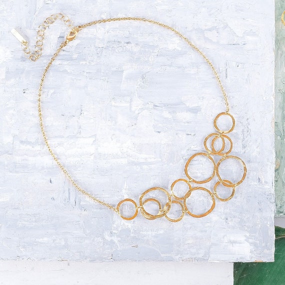 Delicate Gold Bib Necklace, Delicate Gold Necklace, Gold Circles Necklace, Gold Hoops Necklace, Short Geometric Necklace, Hammered Necklace