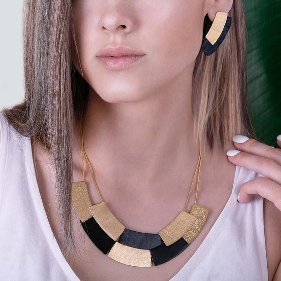 Black and Gold Jewelry Set, Geometric Necklace and Earring Set Combination, Cleopatra Statement Necklace