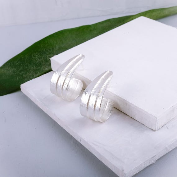 Silver Boho Hoop Earrings, Silver Half Hoop Earrings, Textured Modern Stud Earrings, Silver Drop Earrings, Clip On Earrings