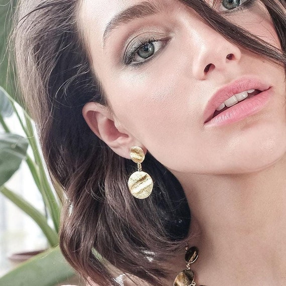 Modern gold coin stud earrings, also available as Clip-On and in Silver