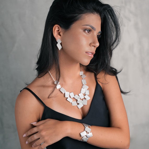 Unique Statement Silver Jewelry Set, Geometric Modern Jewelry Set in Silver, Minimal Bib Necklace with Earrings and Bracelet Set for Women