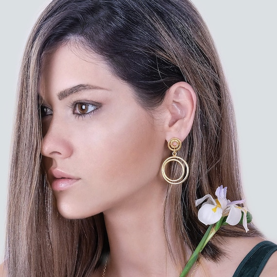 Gold Circles Dangle Earrings, Gold Drop Earrings, Modern Dangle Earrings, Gold Geometric Earrings, Golden Dangle Earrings, Gold Circle Stud