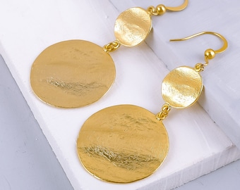 Gold Disc Earrings, Statement Jewelry, Gold Dangle Earrings, Large Coin Earrings, Large Gold Disc Earrings, Dangle Earrings, Clip On Earring