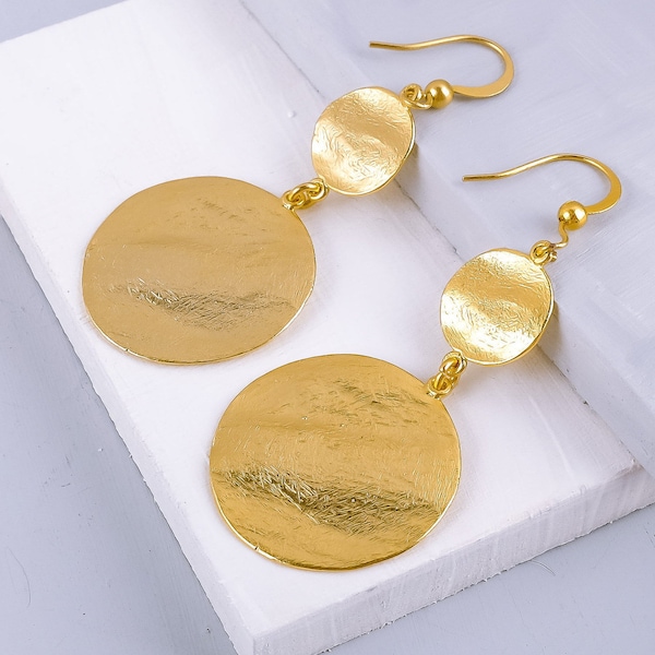 Gold Disc Earrings, Statement Jewelry, Gold Dangle Earrings, Large Coin Earrings, Large Gold Disc Earrings, Dangle Earrings, Clip On Earring