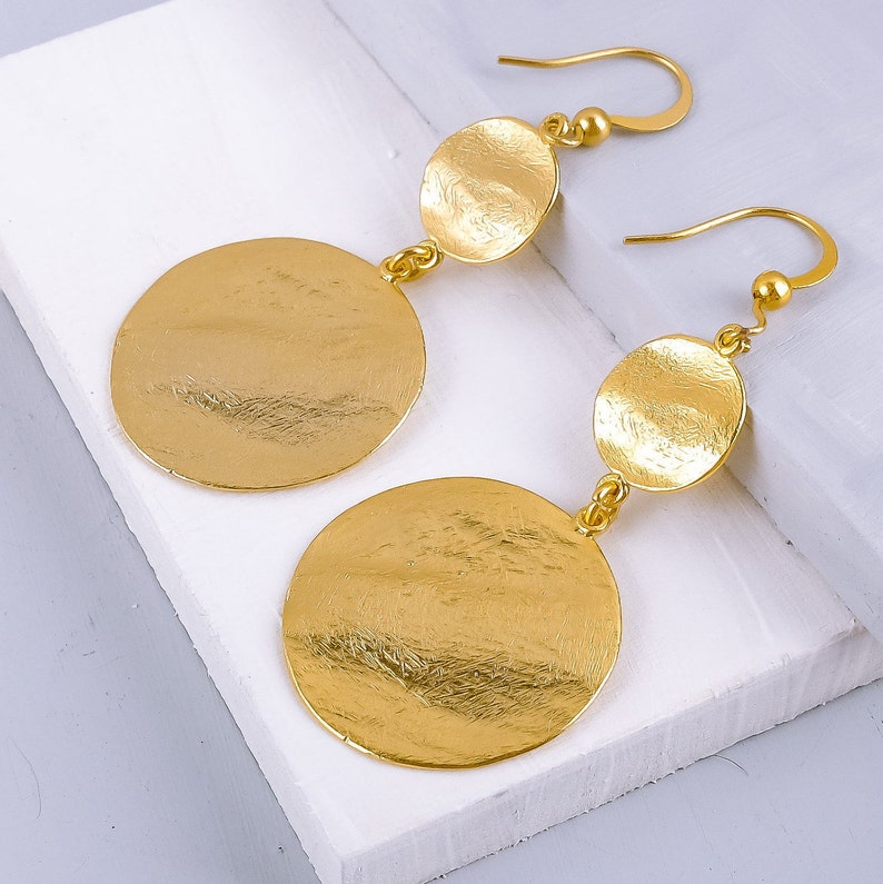 thumbnail interactive-video image 1 of Hammered Gold Dangle Earrngs Gold Hoop Earrngshammered - Etsy 1 of 13
