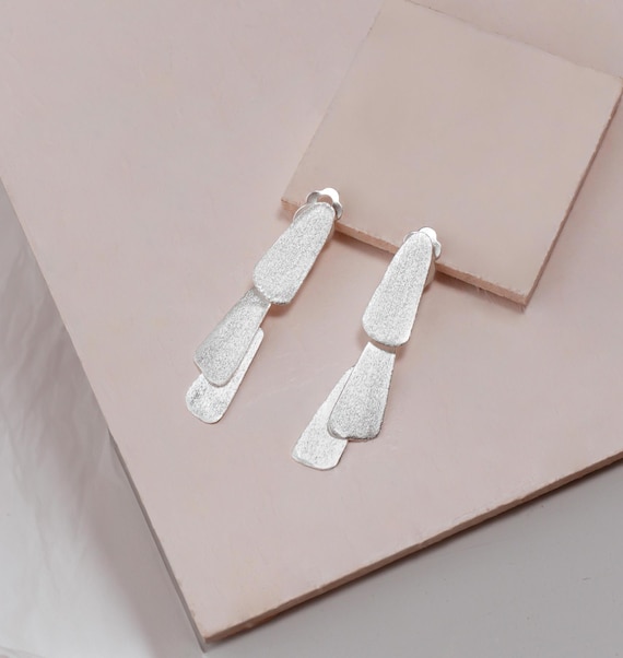 Long Silver Clip On Earring, Geometric Silver Clip Ons, Modern and Chic Ear Clips for Women, Unique Clip-On Earrings, Silver Clip Earrings
