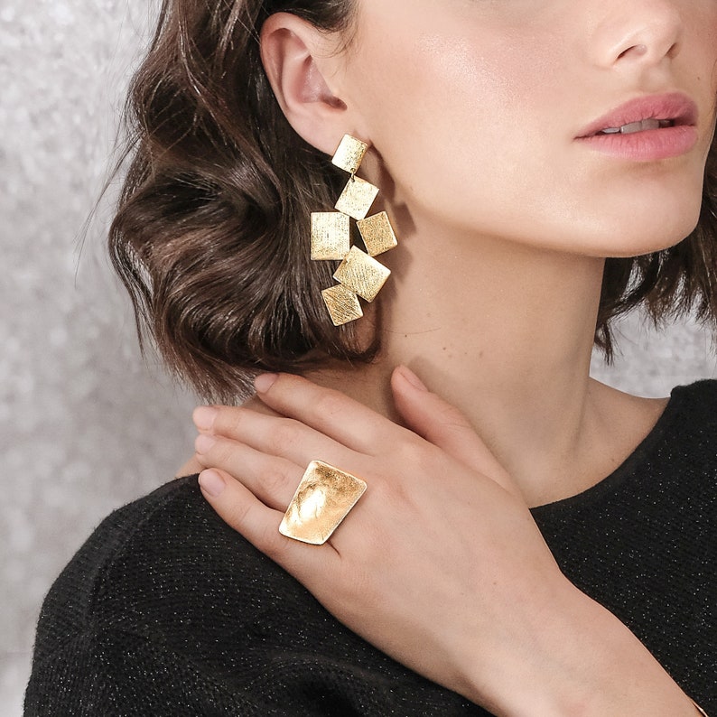 Gold Statement Earring, Geometric Statement Earring, Geometric Chandelier Earring, Large Earring, Gold Dangle Earring, Long Clip On Earring image 2