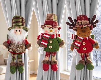 Pluche kerstgordijnbinder, kerstman, sneeuwpop en rendier gordijnhouder, rustieke raambevestiging, speels winterdecoratie voor in huis, seizoenscadeau