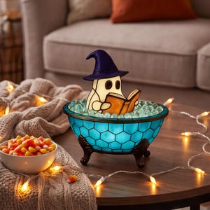 May include: A decorative lamp shaped like a ghost wearing a purple witch hat and reading an orange book while sitting in a blue, honeycomb-patterned clawfoot tub filled with clear glass spheres, emitting a soft glow from within the ghost figure.