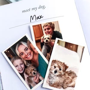 May include: Open book with the text "meet my dog, Max" and several photos of a dog with people. The photos are of a small, fluffy, brown and white dog with people.