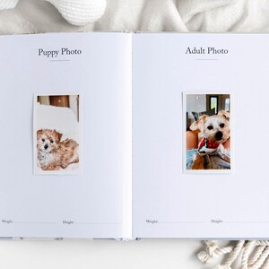 May include: Open book with two dog photos labeled "Puppy Photo" and "Adult Photo." The puppy photo shows a small, fluffy, light brown dog. The adult photo shows a similar dog with a red and white accessory. Space for weight and height measurements.