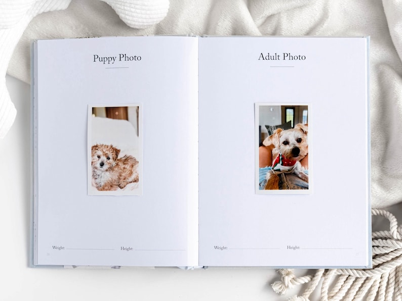May include: Open book with two dog photos labeled "Puppy Photo" and "Adult Photo." The puppy photo shows a small, fluffy, light brown dog. The adult photo shows a similar dog with a red and white accessory. Space for weight and height measurements.