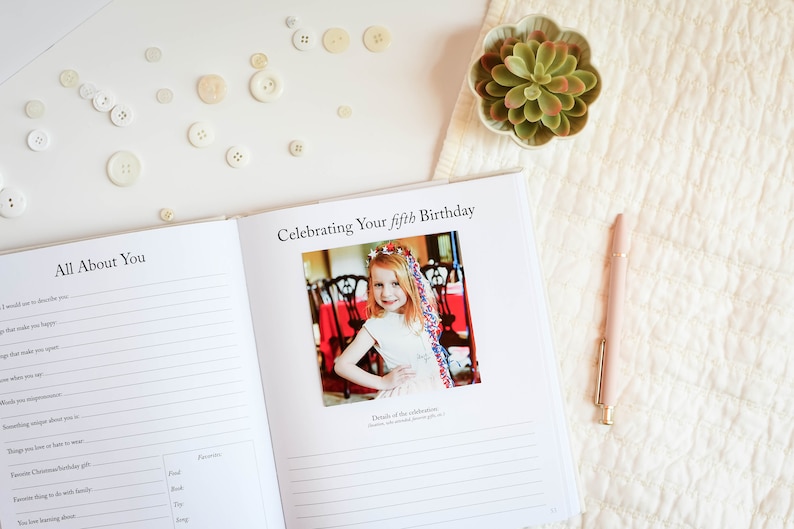 May include: A white book with the title "Celebrating Your Fifth Birthday" and a photo of a young girl in a white dress with a red, white and blue headband. The book has a section titled "All About You" with lines for writing.