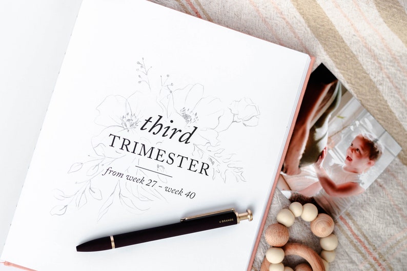 May include: A white journal with a floral design and the text "third trimester from week 27 - week 40". A black pen and a wooden teething ring are on the page.
