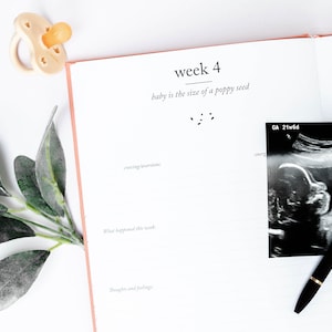 May include: A white pregnancy journal with the text "week 4" and "baby is the size of a poppy seed". A black and white ultrasound image is on the right side of the page with a black pen on top of it.