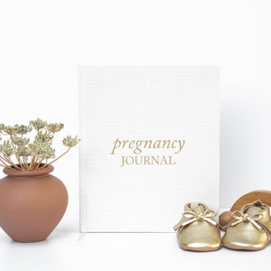 May include: A white linen-bound journal with the text "pregnancy JOURNAL" in gold lettering.  The journal is next to a pair of gold baby shoes and a wooden toy.