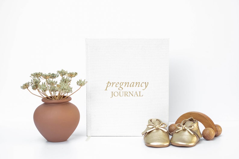 May include: A white linen-bound journal with the text "pregnancy JOURNAL" in gold lettering.  The journal is next to a pair of gold baby shoes and a wooden toy.