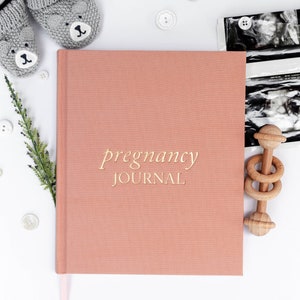 May include: A pink pregnancy journal with gold lettering that reads "pregnancy journal". The journal is surrounded by baby items, including a pair of grey knitted baby booties, a wooden rattle, and ultrasound photos.