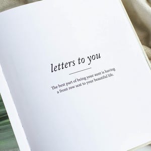 May include: Open book with the title "letters to you" in a delicate serif font. Below the title, the text reads, "The best part of being your aunt is having a front row seat to your beautiful life."