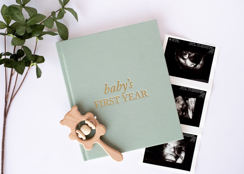 Baby Memory Book & Baby Photo Album Baby Shower Gift for New Mom Boy or Girl Milestone Scrapbook for Expecting Mom First Year Journal Sage Green