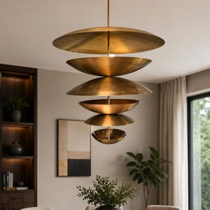 Modern Tiered Brass Disc Chandelier – Sculptural Multi-Layer Pendant Light with Hand-Finished Gold