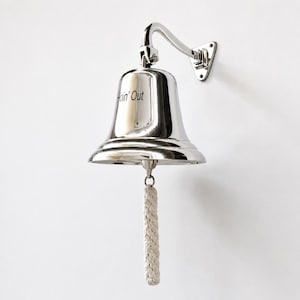 Polished Chrome Nautical Wall Bell with Rope Pull, Outdoor Porch Door Ship Dinner Bell, Marine Home Decor image 1