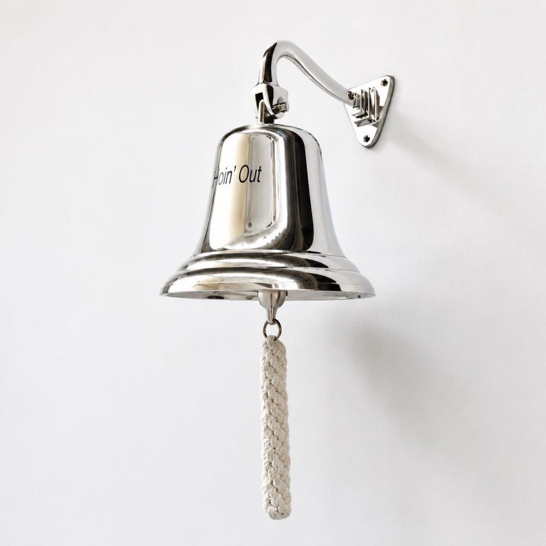 Polished Chrome Nautical Wall Bell with Rope Pull, Outdoor Porch Door Ship Dinner Bell, Marine Home Decor image 1